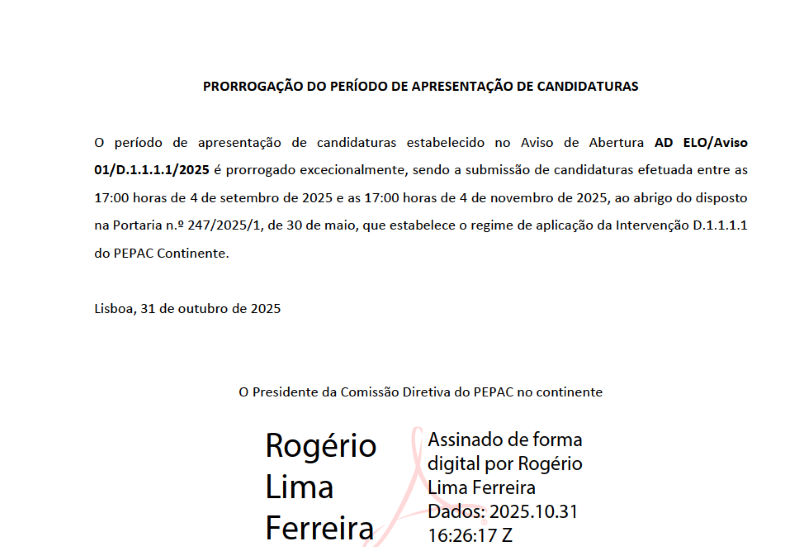 Prorrogação do Prazo para apresentação de candidaturas “AD ELO/Aviso 01/D.1.1.1.1/2025″ – D.1.1.1.1 – Pequenos investimentos na exploração agrícola
