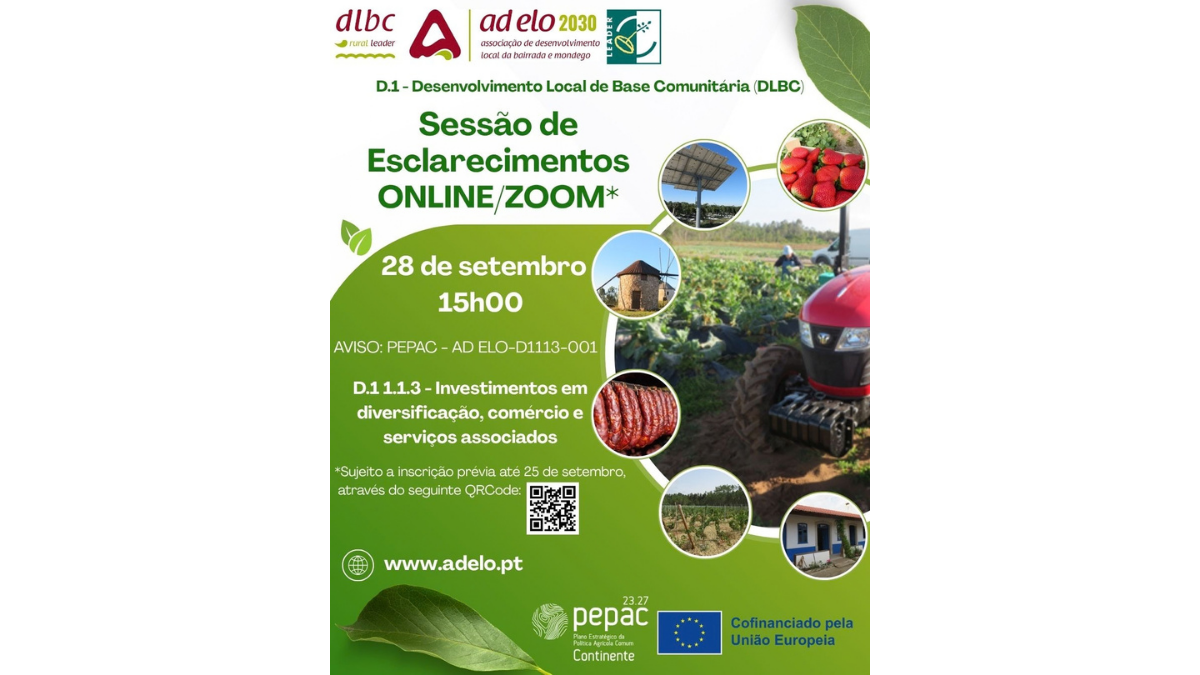 Sessão de apresentação e esclarecimento sobre o Aviso “PEPAC-ADELO-D1113-001” – D.1.1.1.3 – Investimentos em diversificação – 28/09/2026, 15.00h em versão Online/ZOOM
